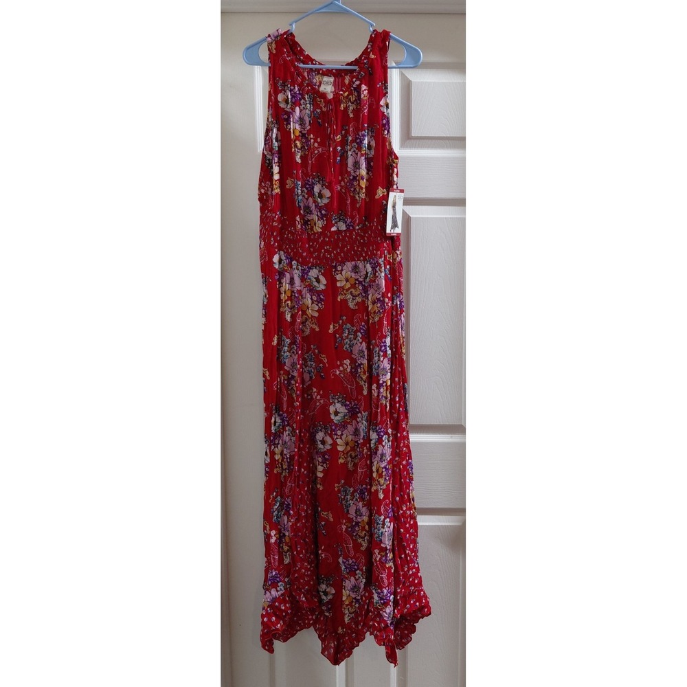 BILA Women's XL Red Floral Paisley Maxi Dress Boho Handkerchief Hem NWT